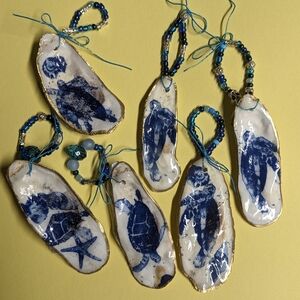 Set of 6 beaded decoupaged oyster shells turtles & seashell theme